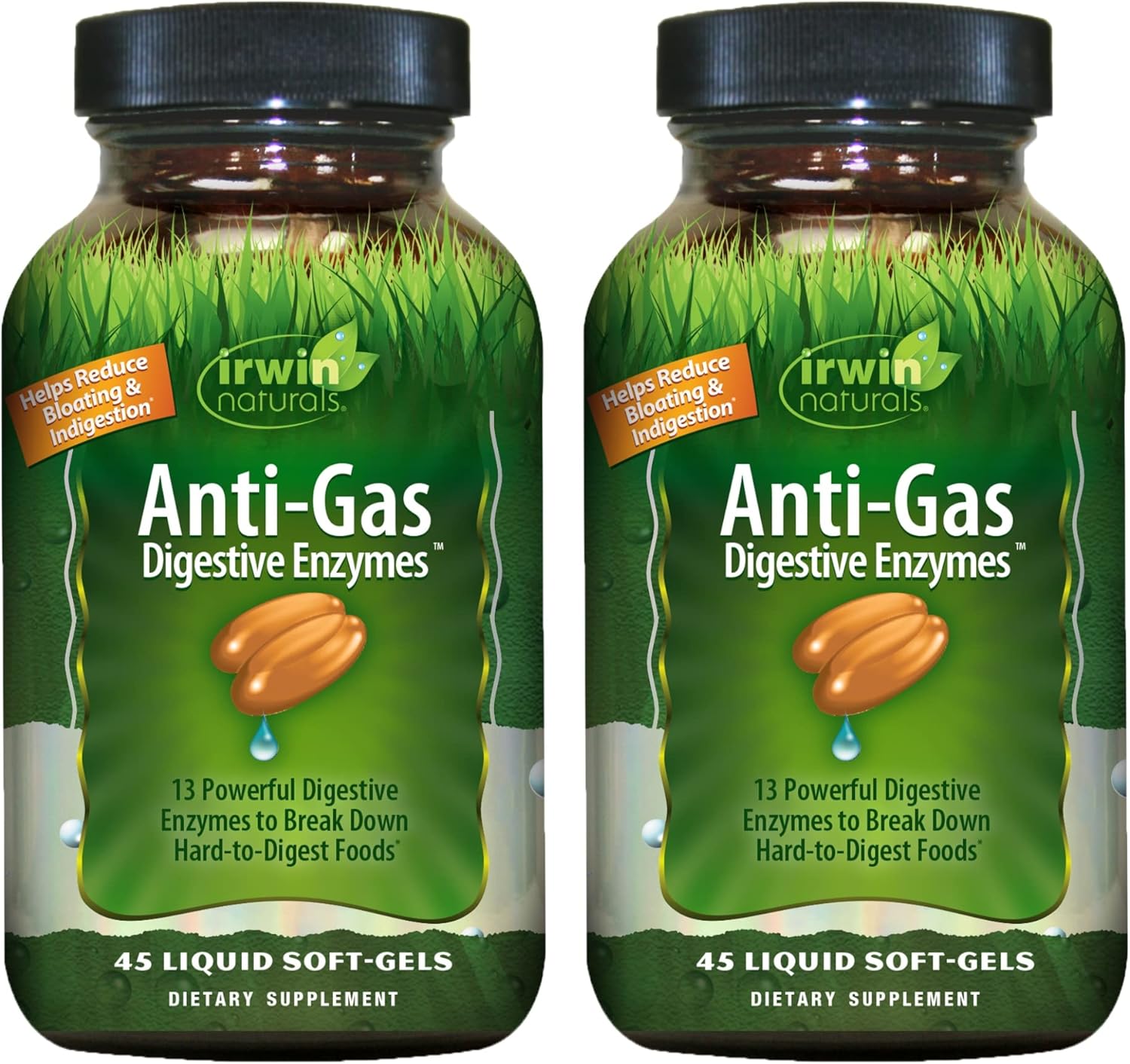 Irwin Naturals Anti-Gas Digestive Enzymes - 45 Liquid Soft-Gels, Pack Of 2 - Helps Break Down Food, Absorb Nutrients, Reduce Bloating & Indigestion - 90 Total Servings