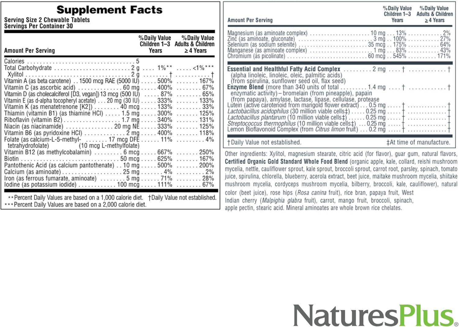 Naturesplus Animal Parade Gold Multivitamin Children’S Chewables - Cherry Flavor - 60 Chewable Animal-Shaped Tablets - With Vitamin D3, K2 & Probiotics - 30 Servings
