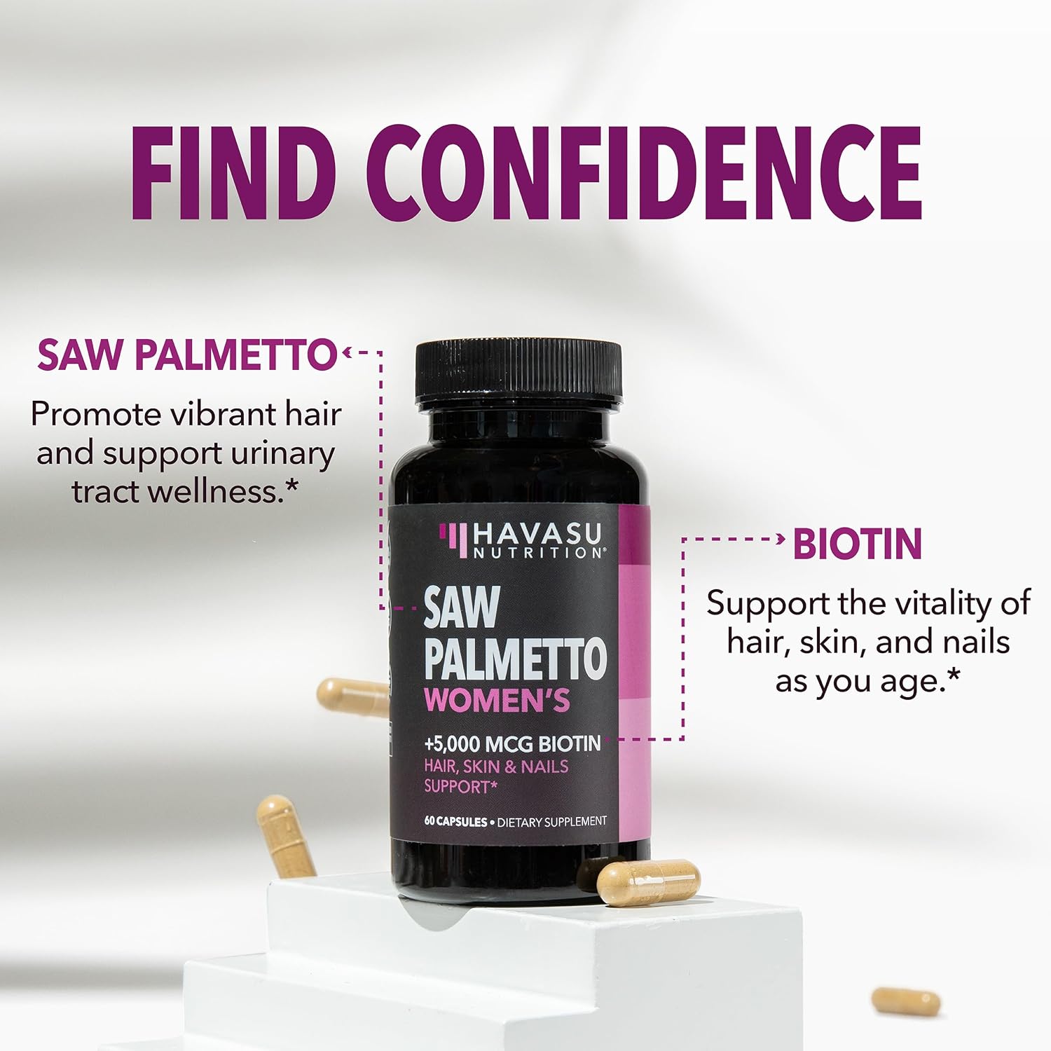 Saw Palmetto for Women + 5000 mcg Biotin Supplement - DHT Blocker Hair Health Vitamins - Supports Stronger Appearance of Hair for Women Post-Partum - Month Supply Vegan Women's Saw Palmetto : Health & Household