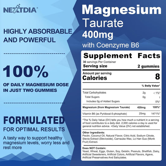 Magnesium Gummies, Magnesium Taurate 420mg w/Vitamin B6, Sugar Free Chelated Magnesium Supplement for Bone, Nerve and Mood Support, Promotes Calmness, Muscles Recover & Relieves Cramps, Vegan, 120 Cts