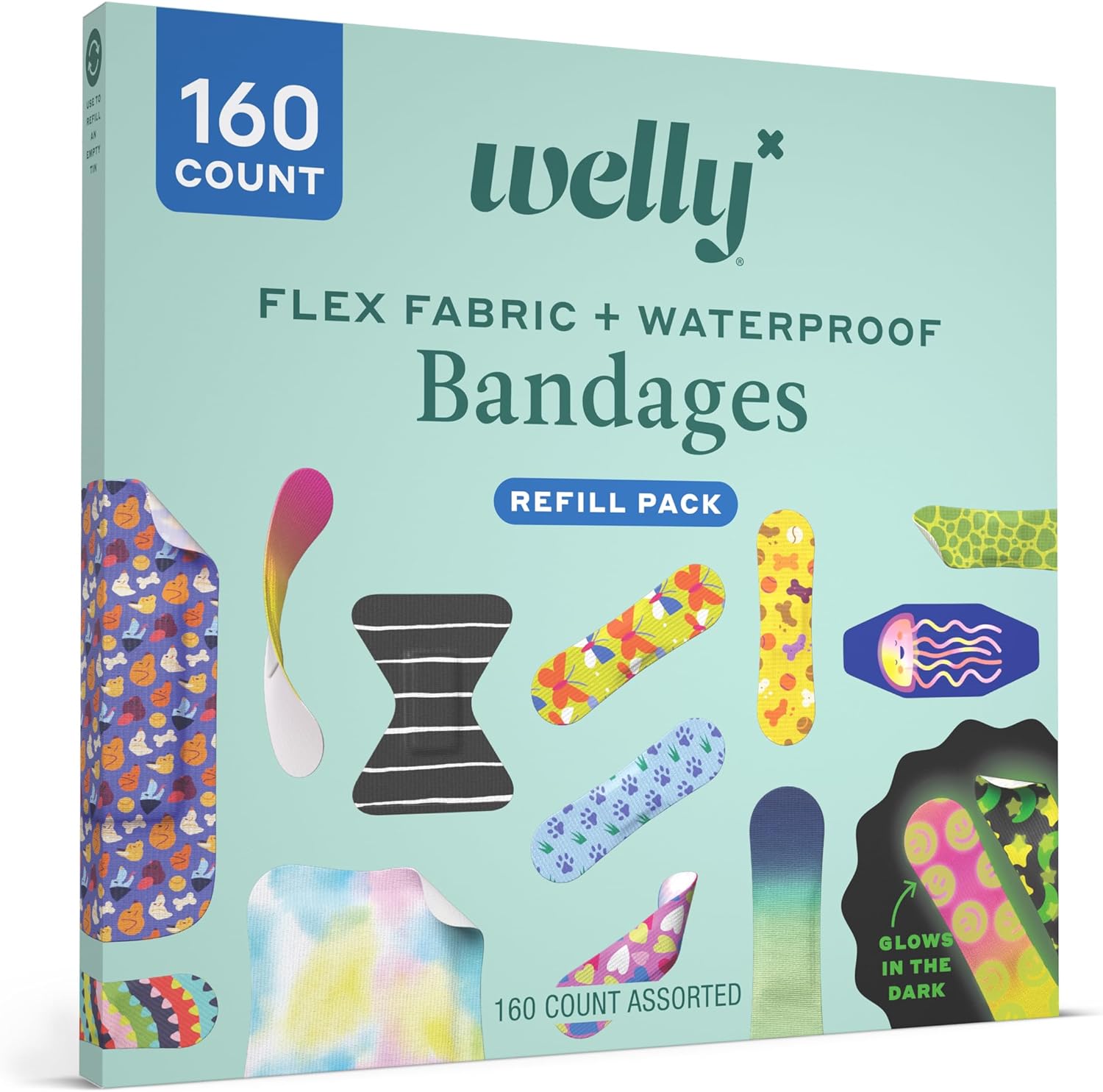 Welly Bandage Large Refill Pack | Adhesive Flexible Fabric, Glow-in-The-Dark & Waterproof Bandages | Assorted Shapes and Patterns for Minor Cuts, Scrapes, and Wounds - 160 Count : Health & Household