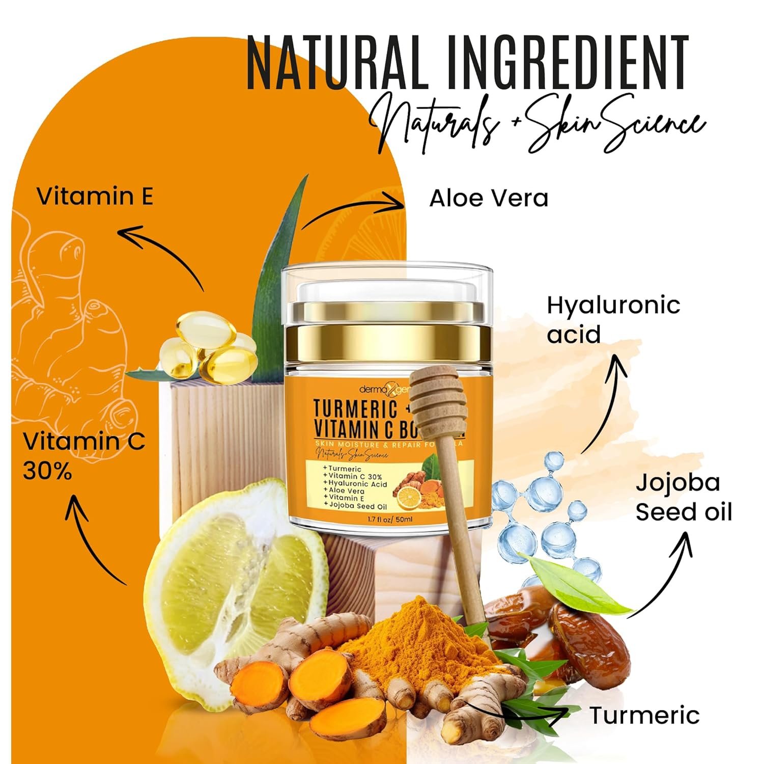 Turmeric + 30% Vitamin C Face Glow Booster Moisturizer & Skin Repairing Cream - With Hyaluronic Acid, Organic Ingredients – Hydrating Face Moisturizer For Dry, Normal, Oily Skin – Anti-Aging