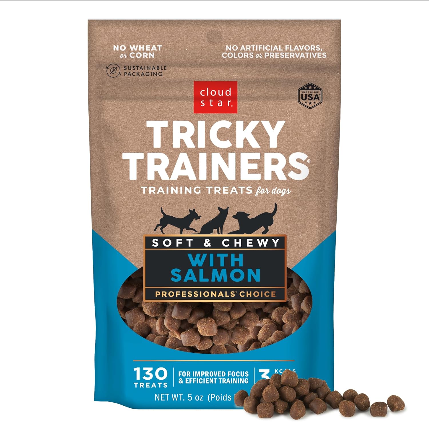 Cloud Star Tricky Trainers Soft & Chewy Dog Training Treats 5 Oz Pouch, Salmon Flavor, Low Calorie Behavior Aid With 130 Treats