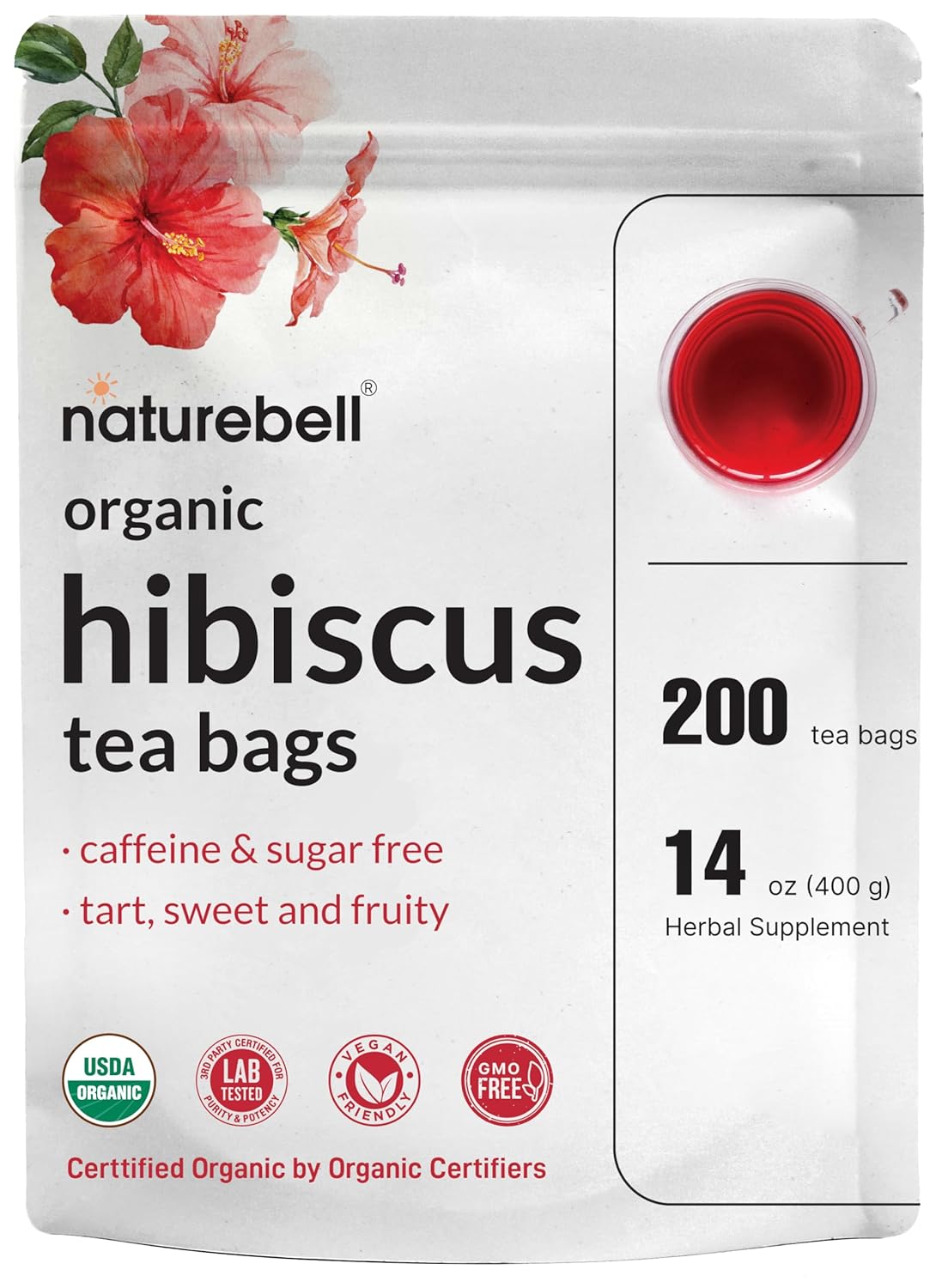 Organic Hibiscus Tea, 200 Tea Bags | Sugar Free Sweet & Tart Flavor – Antioxidant Rich – Great For Flor De Jamaica Tea – No Caffeine – Abacá Hemp Fiber Bag – Non-Gmo