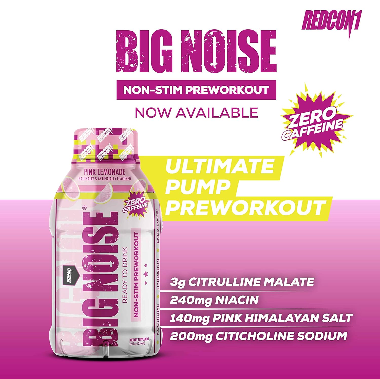 REDCON1 Big Noise RTD Pre Workout Drink, Pink Lemonade - Caffeine-Free