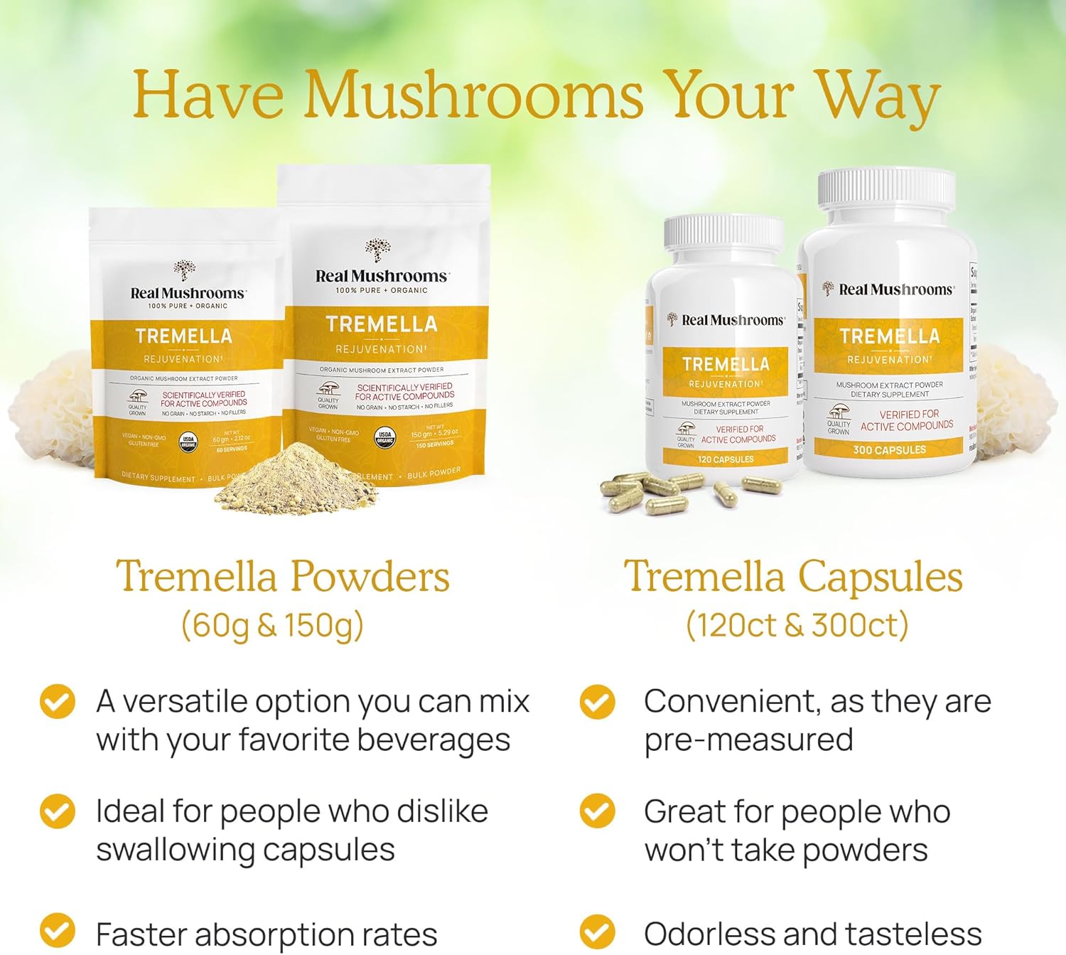 Real Mushrooms Tremella Mushroom Extract Powder (60 Servings) Mushroom Blend for Immune Support, Brain, and Skin - Vegan, Non-GMO, Organic Mushroom Supplements for Humans - Immune Support Supplement : Health & Household