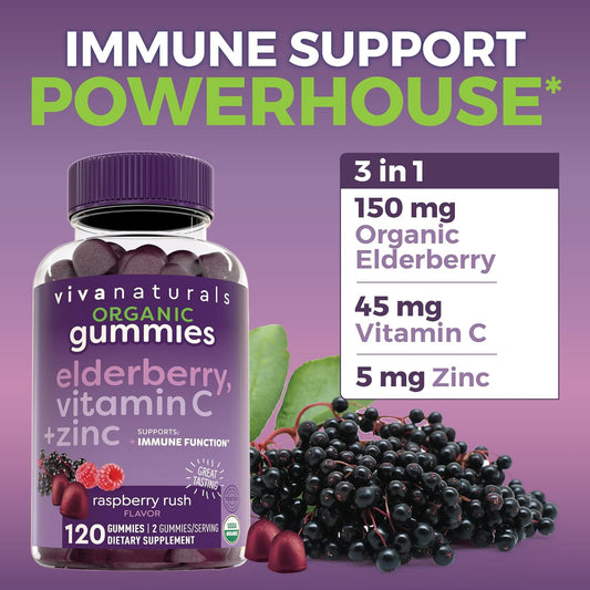 Organic Sambucus Elderberry Gummies With Zinc And Vitamin C (120 Count) - 3 In 1 Black Elderberry Gummies For Adults Immune Support, Chewable Elderberry Supplements, Immunity Gummies