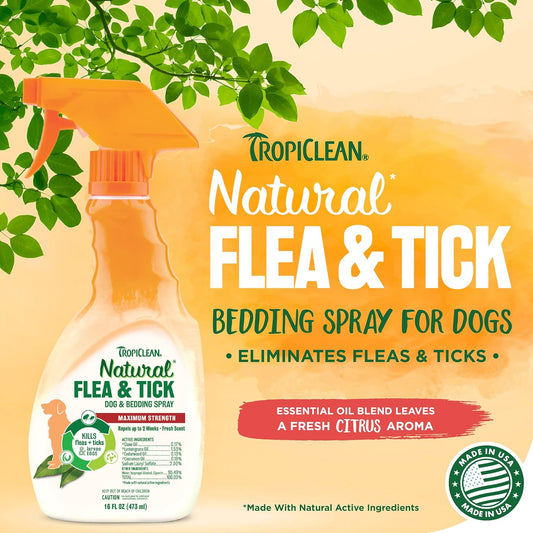 TropiClean Natural Flea and Tick Spray for Dogs & Bedding | Maximum Strength Flea Spray for Home | Family Friendly & Safe | Made in the USA | 16 oz