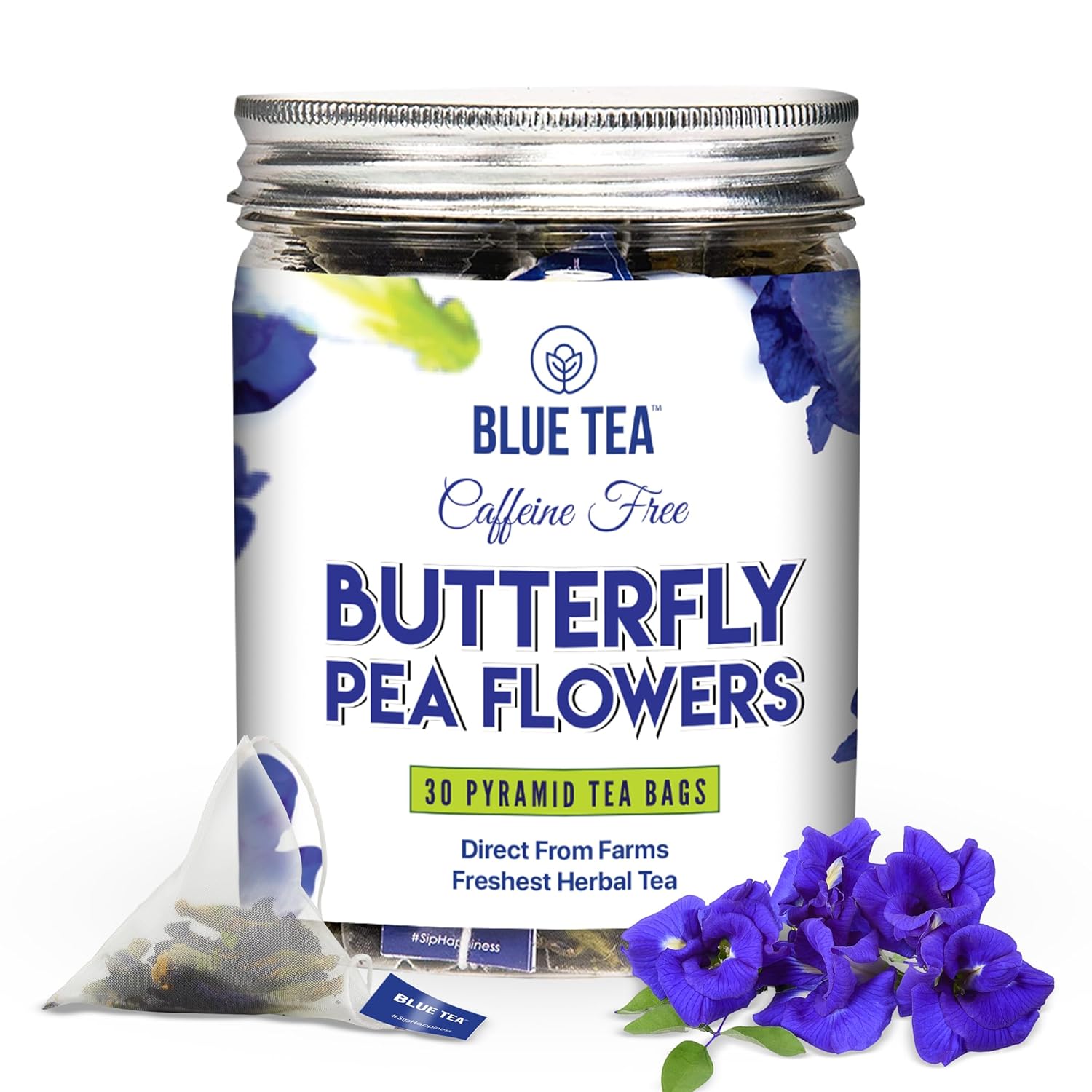 Blue Tea - Butterfly Pea Flower Tea - 30 Count - Plant Based Tea Bags | Super Anti-Oxident | Direct From Source - Flower Based - Herbal Tea - Caffeine Free - Vegan | Pet Jar Packaging