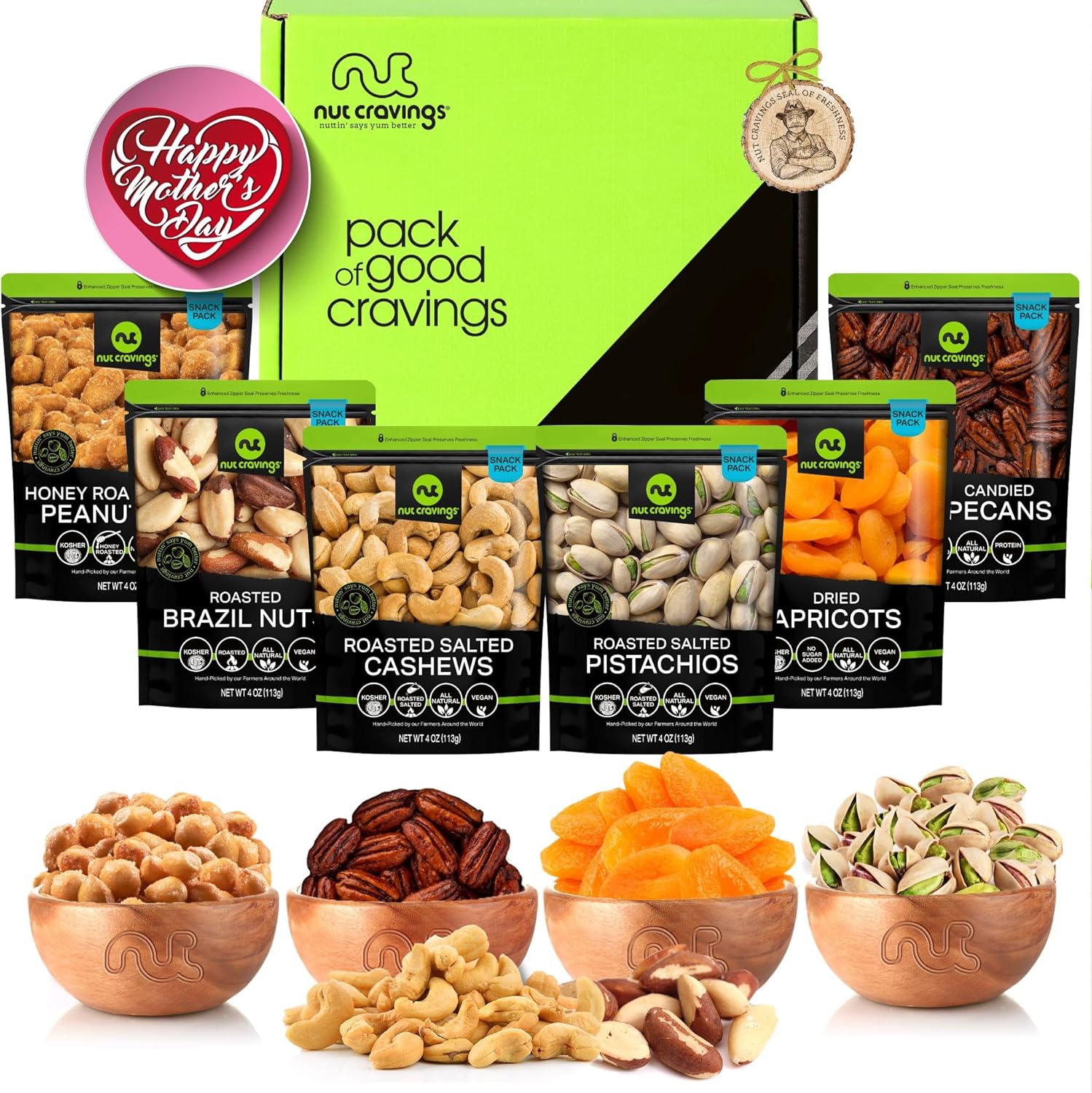 Nut Cravings Gourmet Collection - Mothers Day Dried Fruit & Mixed Nuts Gift Basket in Green Box (6 Assortments) Arrangement Platter, Birthday Care Package - Healthy Kosher USA Made