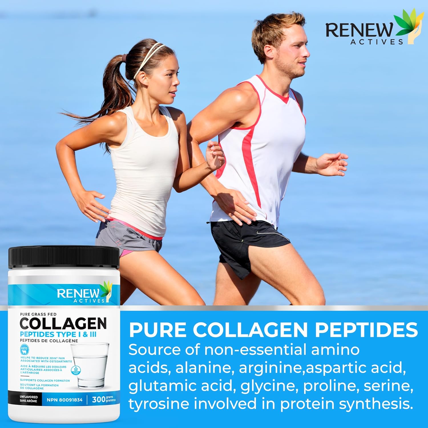 Renew Actives Hydrolyzed Bovine Collagen Peptides Powder - 100% Grass Fed Bovine Collagen Unflavored Powdered Bone Broth for Healthy Skin, Hair, Joints : Health & Household