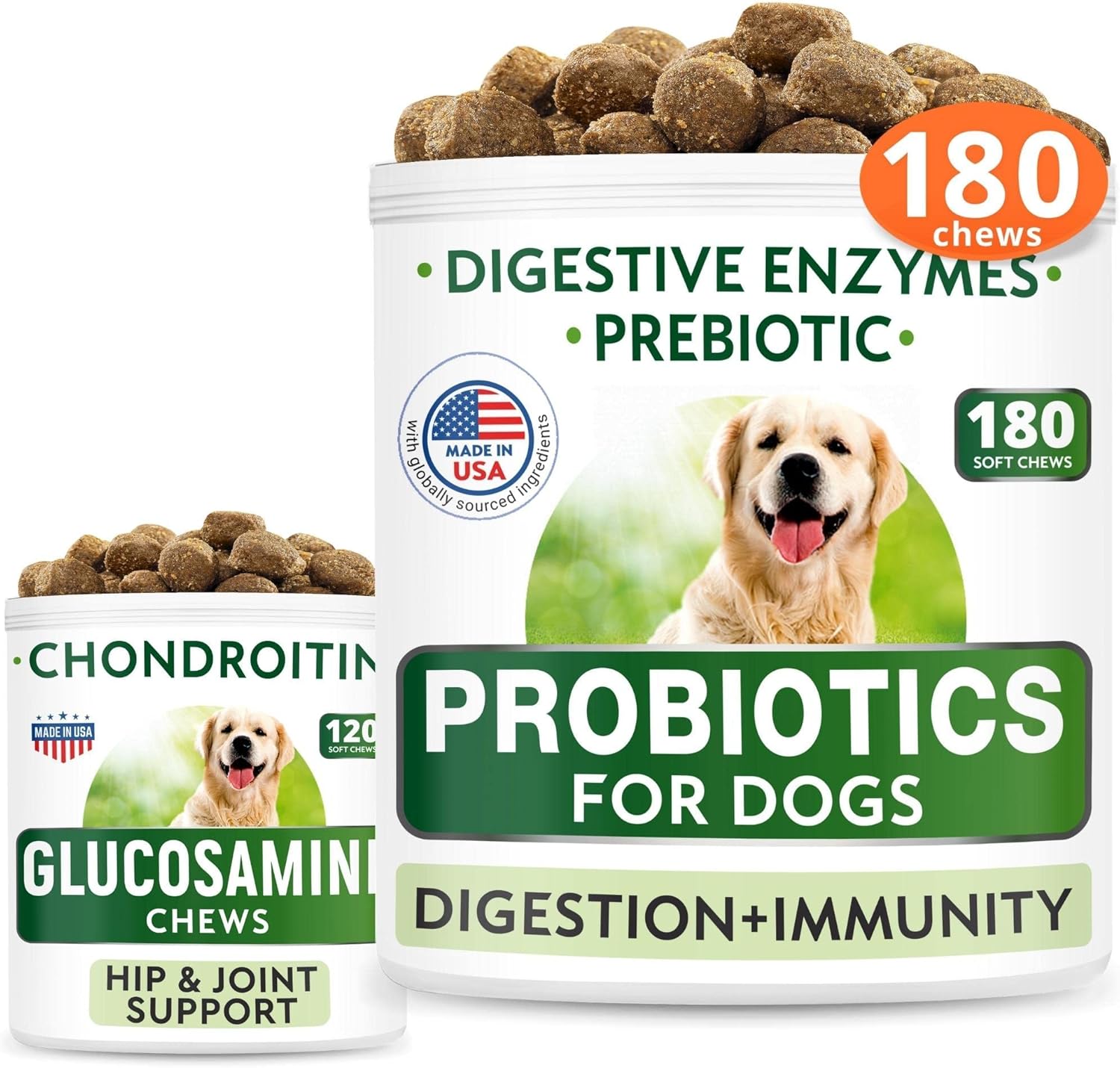 Dog Probiotics Chews + Glucosamine Bundle - Gas, Diarrhea, Allergy, Constipation, Upset Stomach Relief + Hip & Joint Care - Digestive Enzymes + Prebiotics + Chondroitin, Msm, Omega-3 - 300 Soft Chews