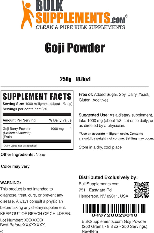 BulkSupplements.com Goji Berry Powder - Herbal Supplement for Immune Support - 1000mg of Goji Berries Powder per Serving, Gluten Free (250 Grams - 8.8 oz)
