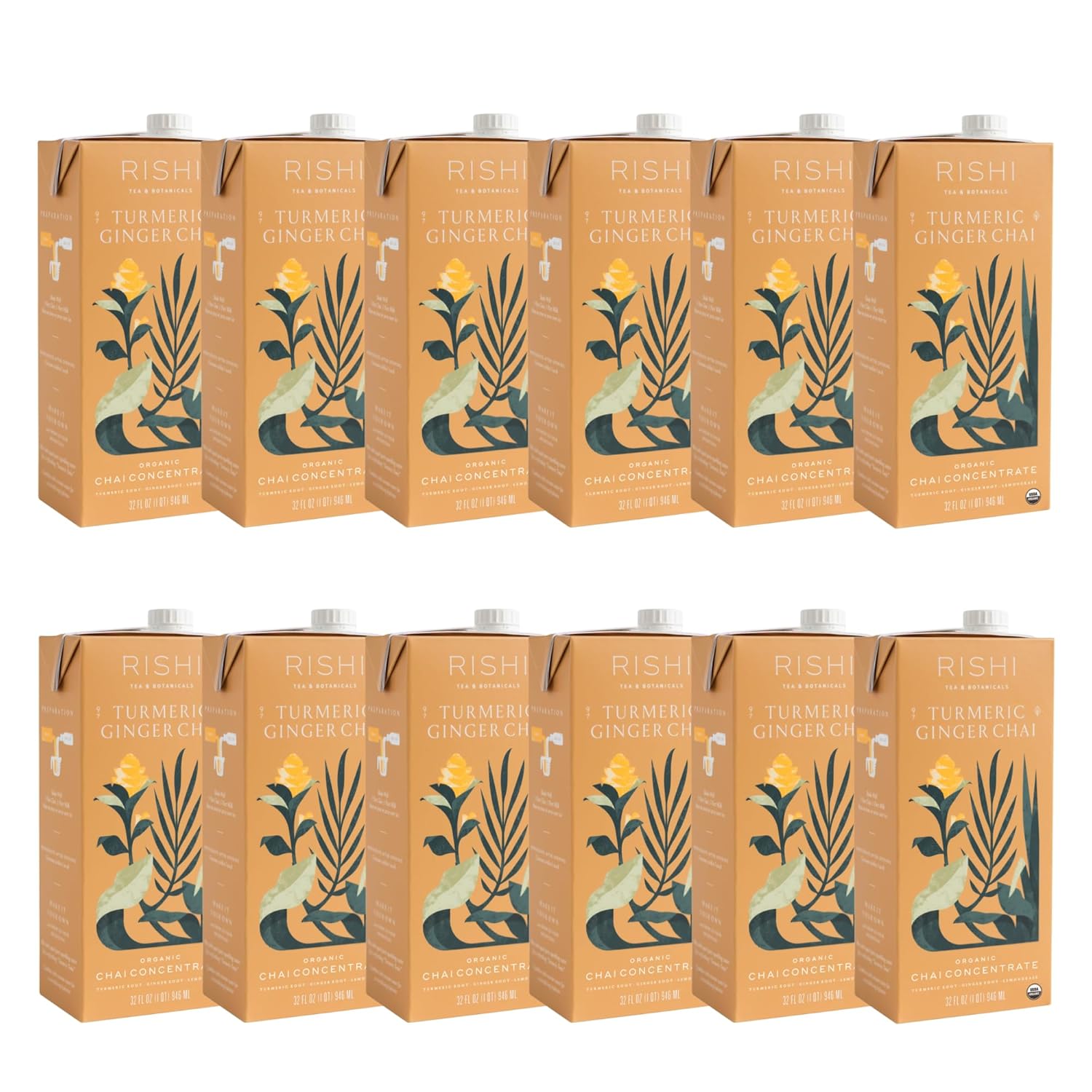 Rishi Tea Turmeric Ginger Chai Latte - Organic Herbal Tea Concentrate With Ginger - Easy-To-Serve Hot Or Iced, Caffeine Free - 32 Fl Oz (Pack Of 12)