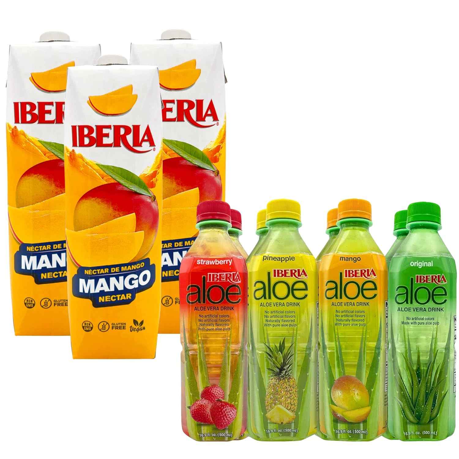 Iberia Aloe Vera Drink with Pure Aloe Pulp, Variety, (Pack of 8) and Iberia Mango Nectar, 33.8 fl. oz.(Pack of 3) : Everything Else