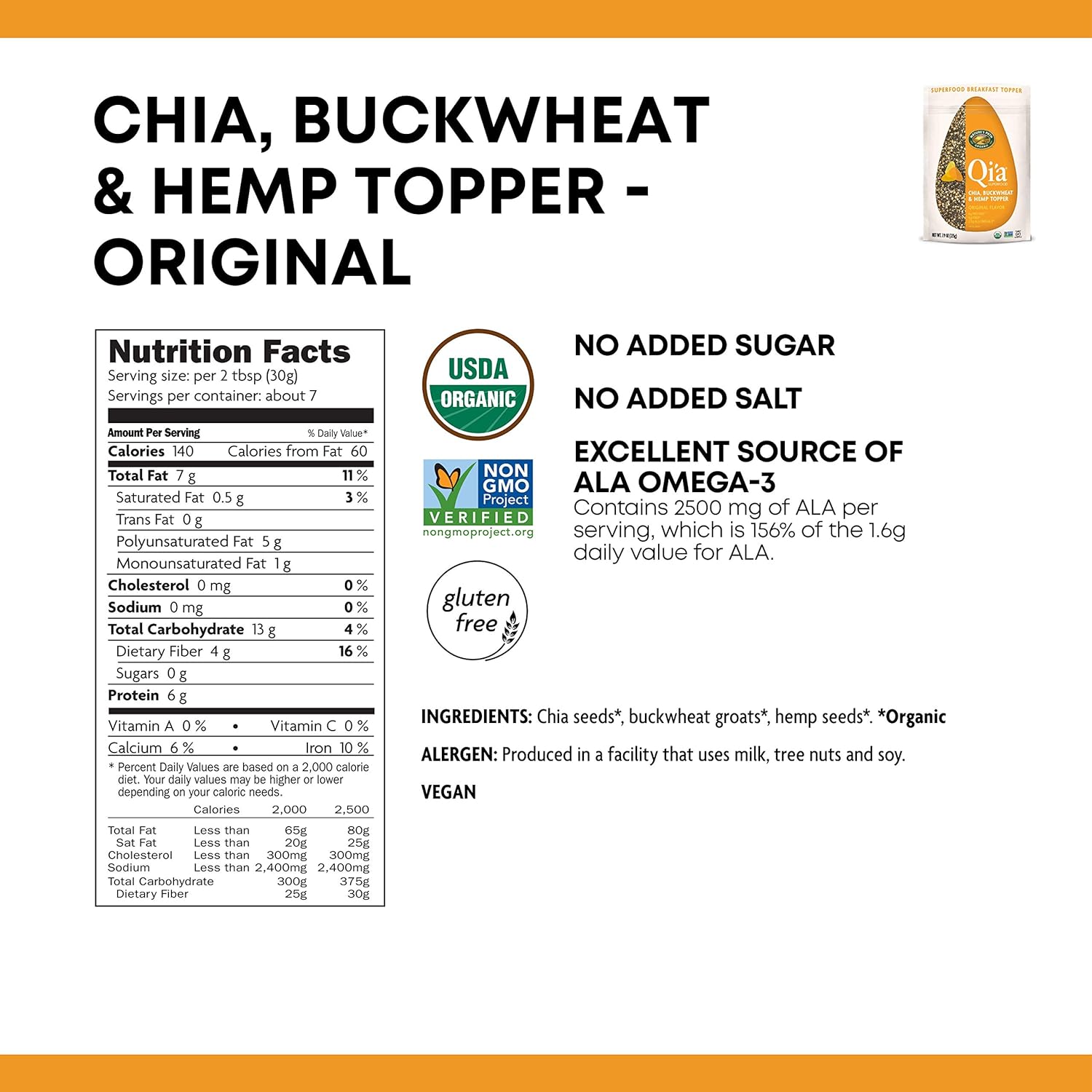 Nature's Path Qi'a Superfood Organic Gluten Free Original Chia, Buckwheat and Hemp Cereal Topper, 7.9 Ounce, Non-GMO, 6g Plant Based Protein, 2.5 grams of ALA Omega-3s, by Nature's Path : Oatmeal Breakfast Cereals : Everything Else