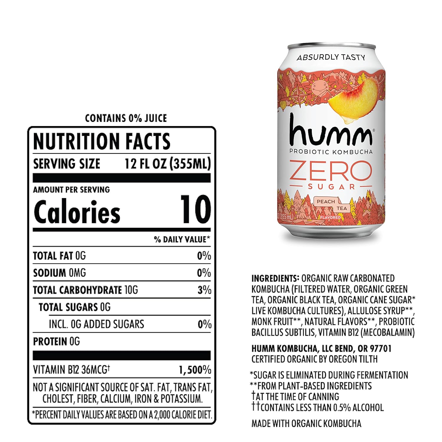 Humm Probiotic Kombucha Zero Sugar Peach Tea, No Refrigeration Needed, Keto Friendly, Organic, Vegan, Gluten Free, 12Oz Cans (16 Pack)