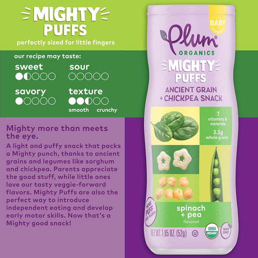 Plum Organics Mighty Puffs Organic Baby Food - Spinach and Pea - 1.85 oz Canister (Pack of 6) - Ancient Grains and Chickpea Snacks