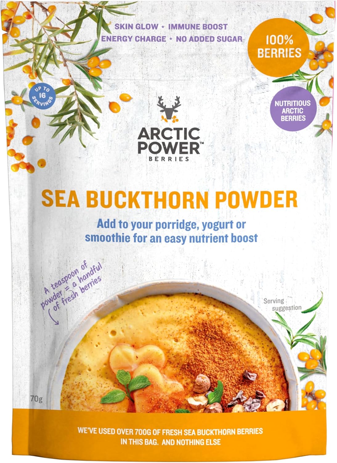Arctic Power Berries 100% Sea Buckthorn Powder 70G, Nutrient Rich Nordic Berries, All Natural, Delicious Nutrient Boost For Breakfast Bowls, Smoothies, Porridge, Yogurt - Vegan, No Added Sugar