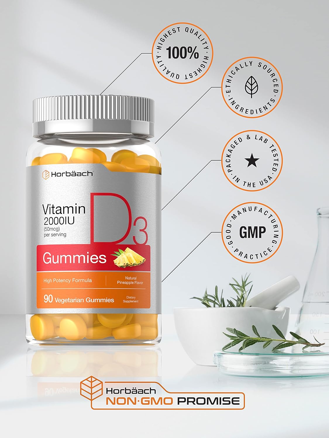 Horbäach Vitamin D3 2000iu Gummies | 90 Count | Vegetarian | Pineapple Flavor | 50 mcg | Non-GMO, Gluten Free Vitamin D Supplement : Health & Household