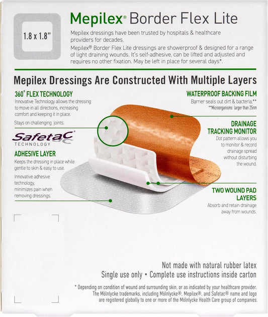 Mepilex Border Flex Lite 3 X 3 In (7.5X7.5 Cm) Hospital Grade Dressings For Minor Surgical Incisions, Abrasions And Blisters For Up To Several Day Use