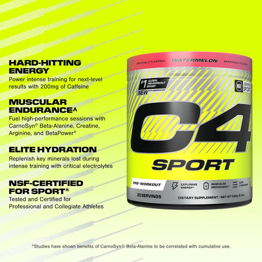 Cellucor C4 Sport Pre Workout Powder - Nsf Certified For Sport - Elite Hydration - 200Mg Caffeine + Creatine + Beta-Alanine - Electrolytes And Energy Supplement - Watermelon, 20 Servings