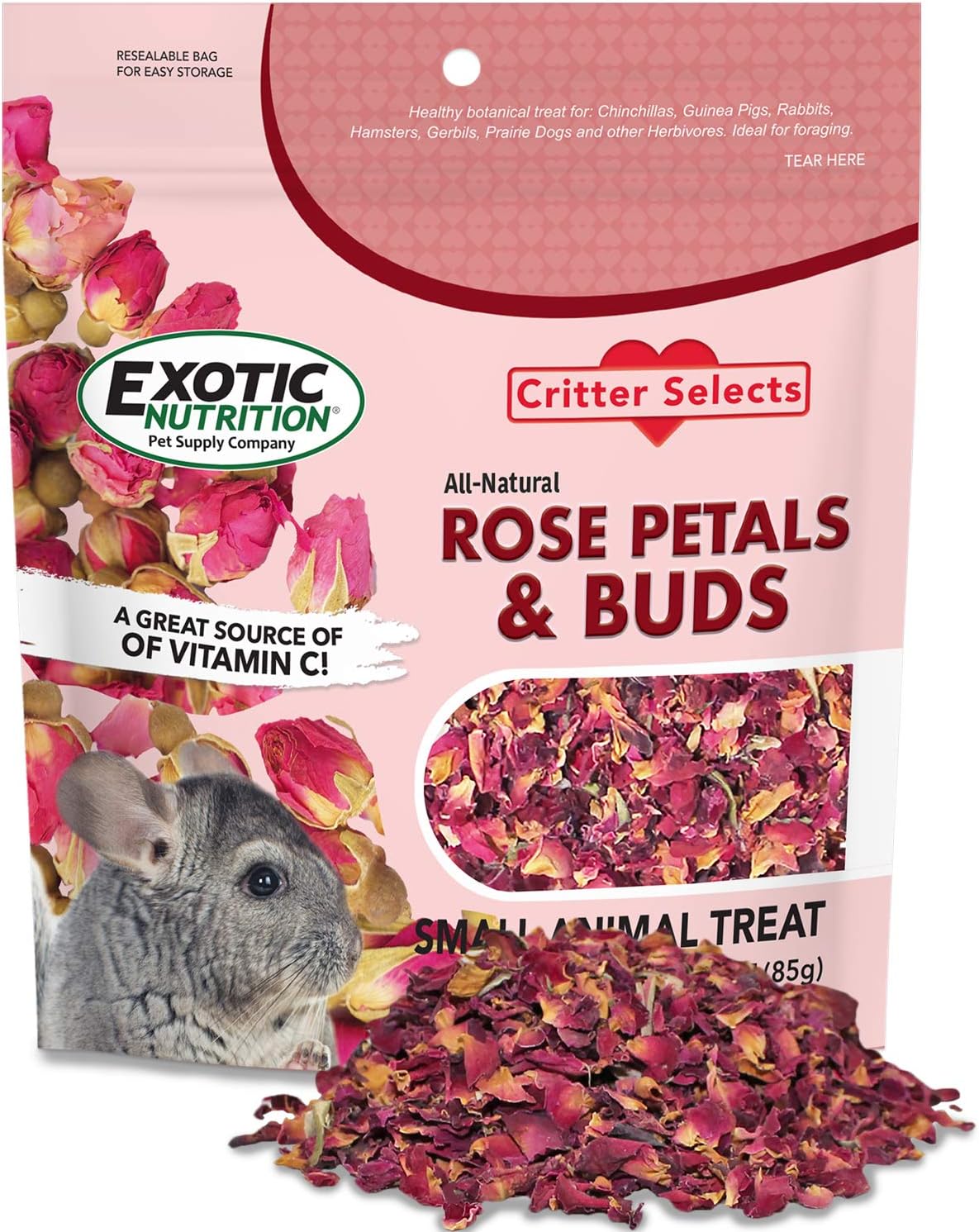 Rose Petals & Buds (0.85 Oz.) - Healthy Natural Dried Flower Herbivore Treat - Chinchillas, Guinea Pigs, Rabbits, Prairie Dogs, Degus, Hamsters, Rats, Squirrels, Sugar Gliders & Other Small Pets