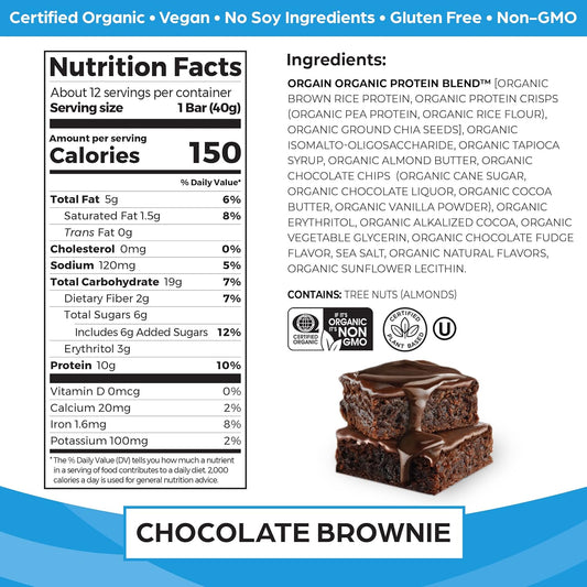 Orgain Organic Vegan Protein Bars, Chocolate Brownie - 10G Plant Based Protein, Low Calorie Healthy Snacks, No Lactose Or Soy Ingredients, Gluten Free, Non-Gmo - 1.41 Oz (Pack Of 12)