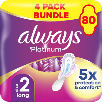 Always Platinum Extra Comfort Sanitary Towels, Size 2, Long, Moderate Flow, 80 Pads With Soft Wings (20 x 4 Packs) SAVING PACK, Leak Protection, Micro Cushions, Fit&Flex Core, Odour Neutraliser