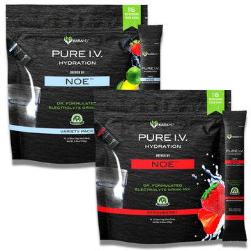KaraMD Pure I.V. - Doctor Formulated Electrolyte Powder Drink Mix 2 Flavor Bundle ? Refreshing & Delicious Hydrating Packets with Vitamins & Minerals ? 1 Variety & 1 Strawberry Bag (32 Sticks)