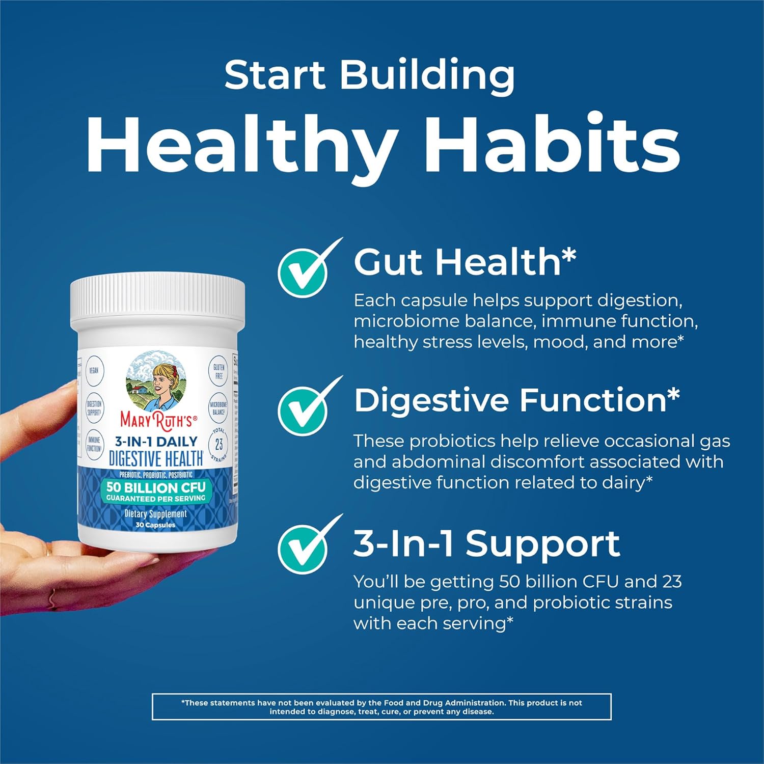 Maryruth Organics 3 In 1 Probiotics For Digestive Health | Prebiotic & Postbiotic | Gut Health Supplement For Women & Men | Powder Probiotics For Women | Immune Support | 50 Billion Cfu | 0.5 Oz : Health & Household