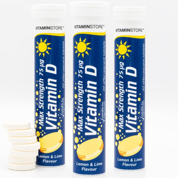 Vitamin Store Vitamin D Effervescent Tablets, 3 Packs Of 20 High Strength Vitamin D Supplement - Max Strength 75Ug - Lemon & Lime Flavoured Vegan Tablets To Support Bone Health & Healthy Immune System
