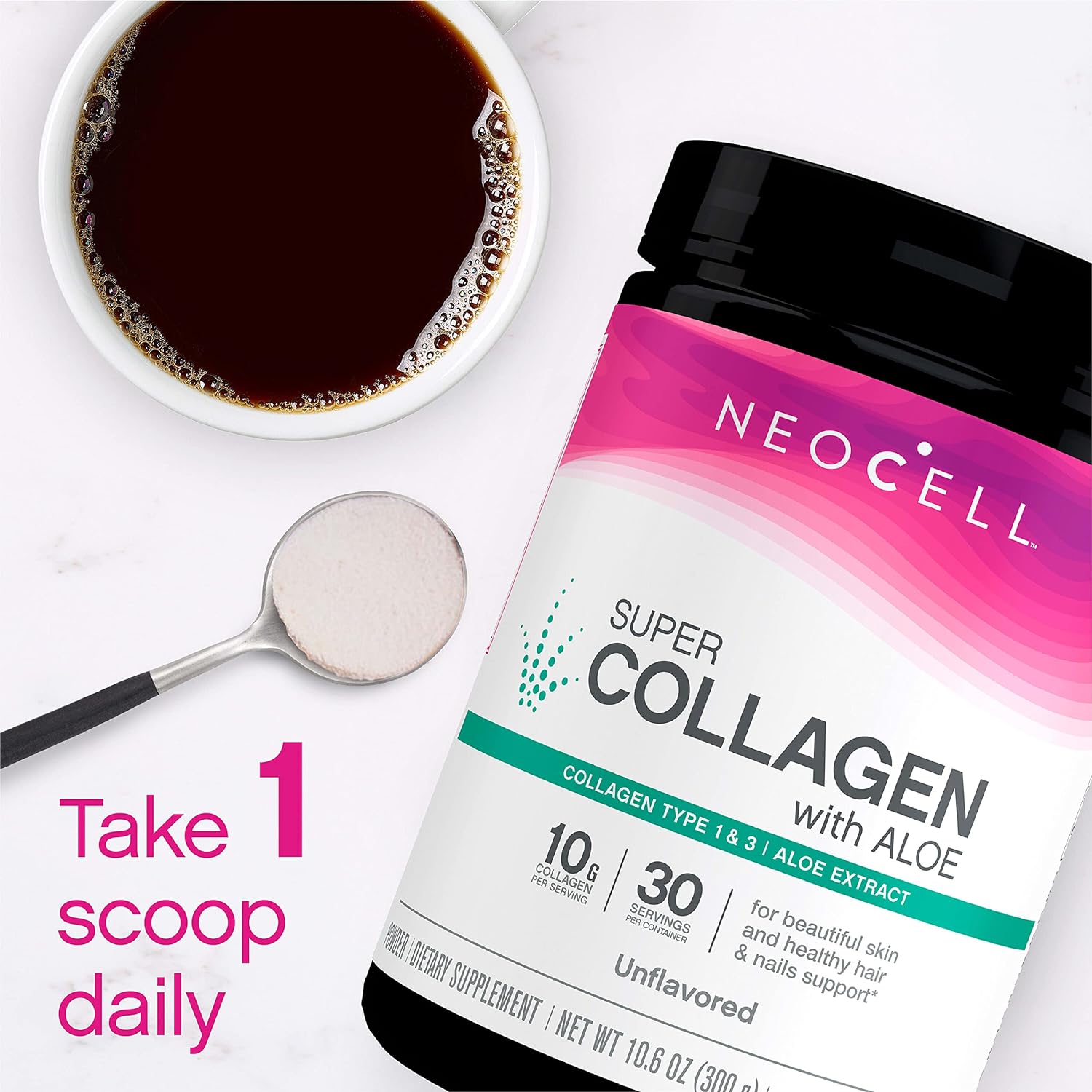 NeoCell Super Collagen with Aloe; Collagen Type 1 and 3; Supports Healthy Hair, Skin and Nails; Gluten Free; Unflavored Powder; 10 g Collagen/Serving; 30 Servings; 10.6 Oz,* : Health & Household