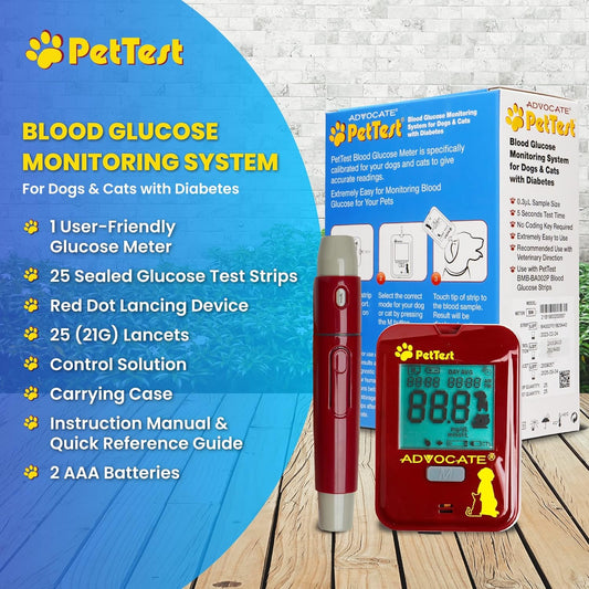 Pettest Glucose Monitoring System | Blood Sugar Check Kit For Dogs & Cats - Full Kit Includes 25 Test Strips, 25 Lancets, Red Dot Lancing Device, Glucose Meter, Carrying Case | Pets Diabetic SuppliesA Complete Kit