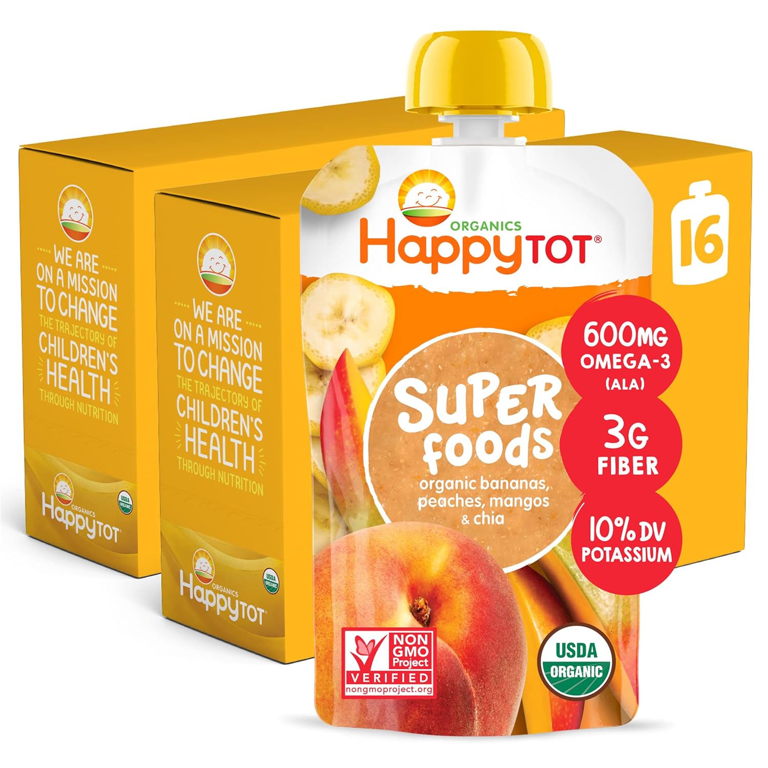 Happy Tot Organics Stage 4 Baby Food Pouches, Gluten Free, Vegan Snack, Superfoods Fruit & Veggie Puree, Bananas, Peaches, Mangos & Chia, 4.22 Ounce (Pack Of 16)