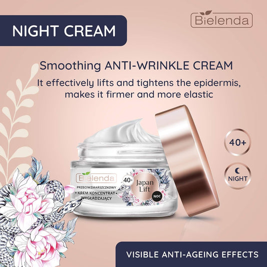Bielenda Japan Lift - Smoothing Anti-Wrinkle Night Cream Effectively Lifts Tightens The Epidermis Makes It Firmer - Japan Lift Smoothing Antiwrinkle Face Cream - Concentrate 40+ Night - 50 Ml