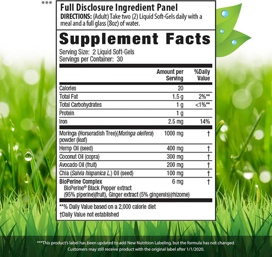 Irwin Naturals Mighty Moringa 1,000 Mg - 60 Liquid Softgels - With Chia, Coconut, Hemp, Avacado & Omega Superfoods - 30 Total Servings