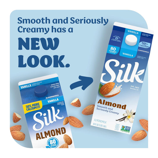 Silk Almond Milk, Vanilla, Dairy Free, Gluten Free, Seriously Creamy Vegan Milk With 50% More Calcium Than Dairy Milk, 64 Fl Oz Half Gallon