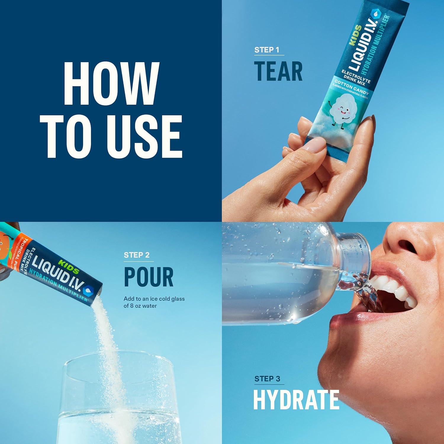 Liquid I.V.® Hydration Multiplier® +Kids - Cotton Candy - Hydration Powder Packets | Electrolyte Powder Drink Mix | Convenient Single-Serving Sticks | Non-GMO | 8 Servings (Pack of 2) : Health & Household