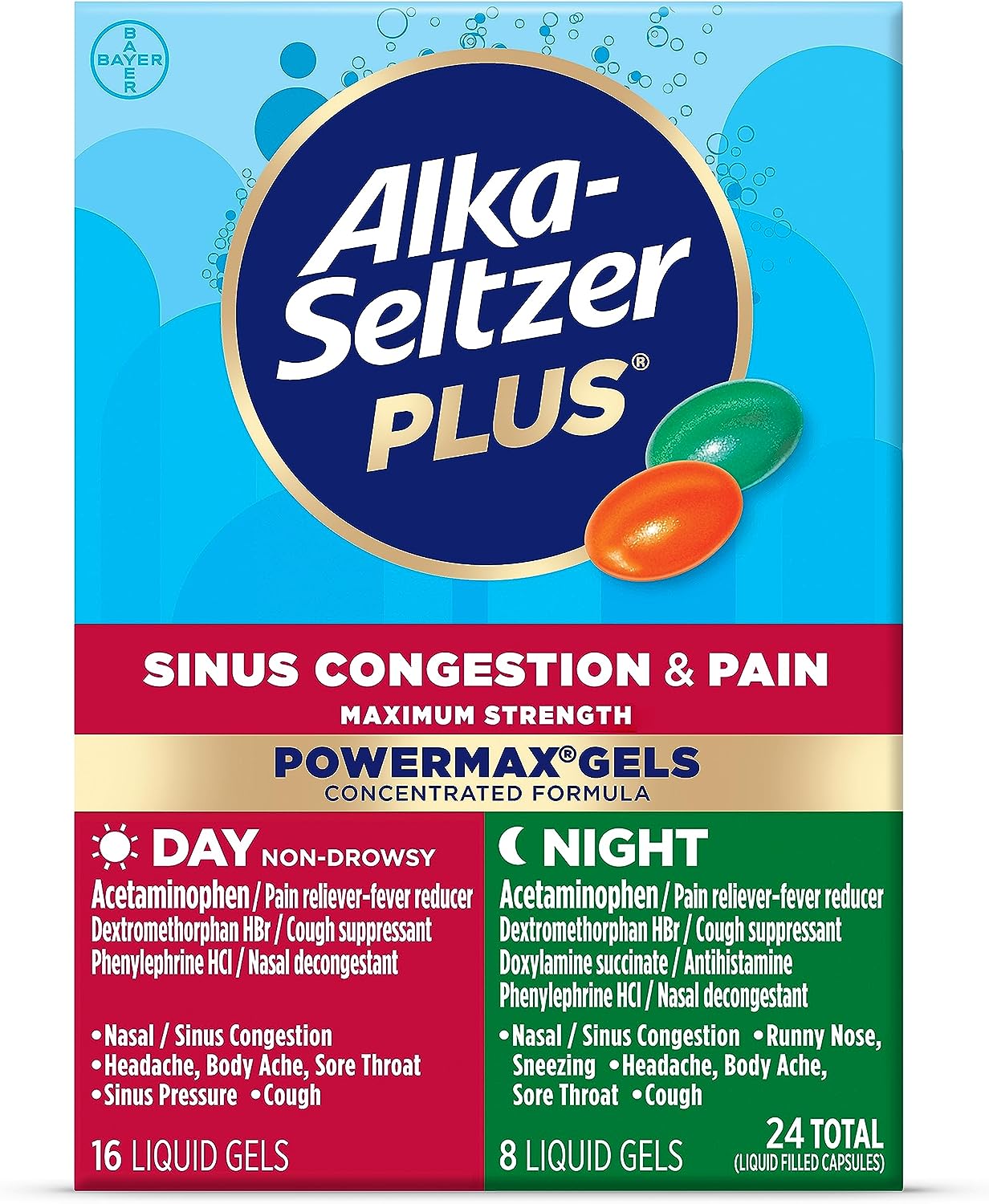 Alka-Seltzer Plus Maximum Strength PowerMax Sinus Congestion & Pain Medicine, Day + Night Liquid Gels - Powerful Relief for Cold and Flu, Sinus Congestion for Adults and Children 12+ Years, 24 Count