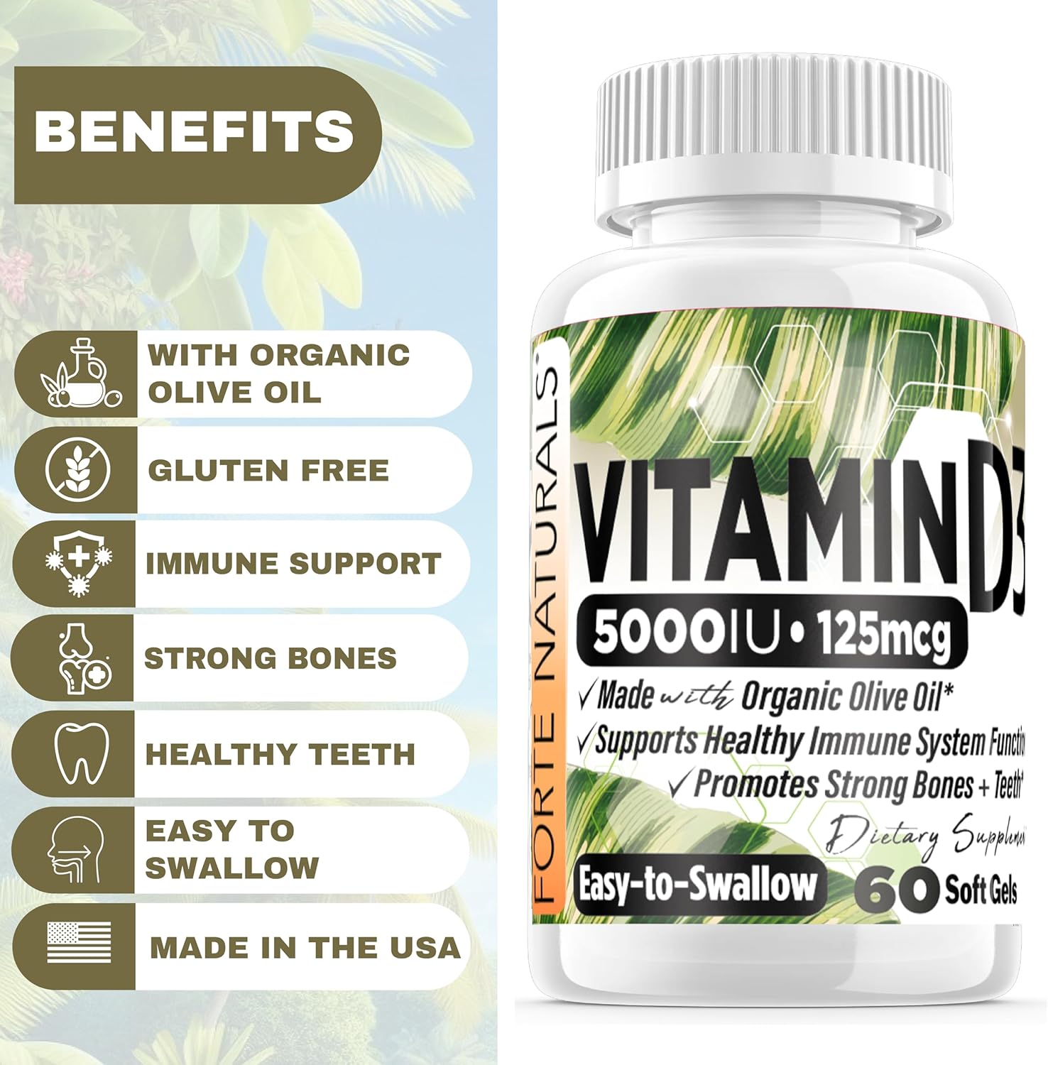 Forte Naturals Vitamin D3 5000 Iu Supplement 125 Mcg Soft Gels Specially For Sensitive Stomachs Supplements With Organic Olive Oil Best Vitamin D3 Supplement For Women & Men Made In Usa : Health & Household