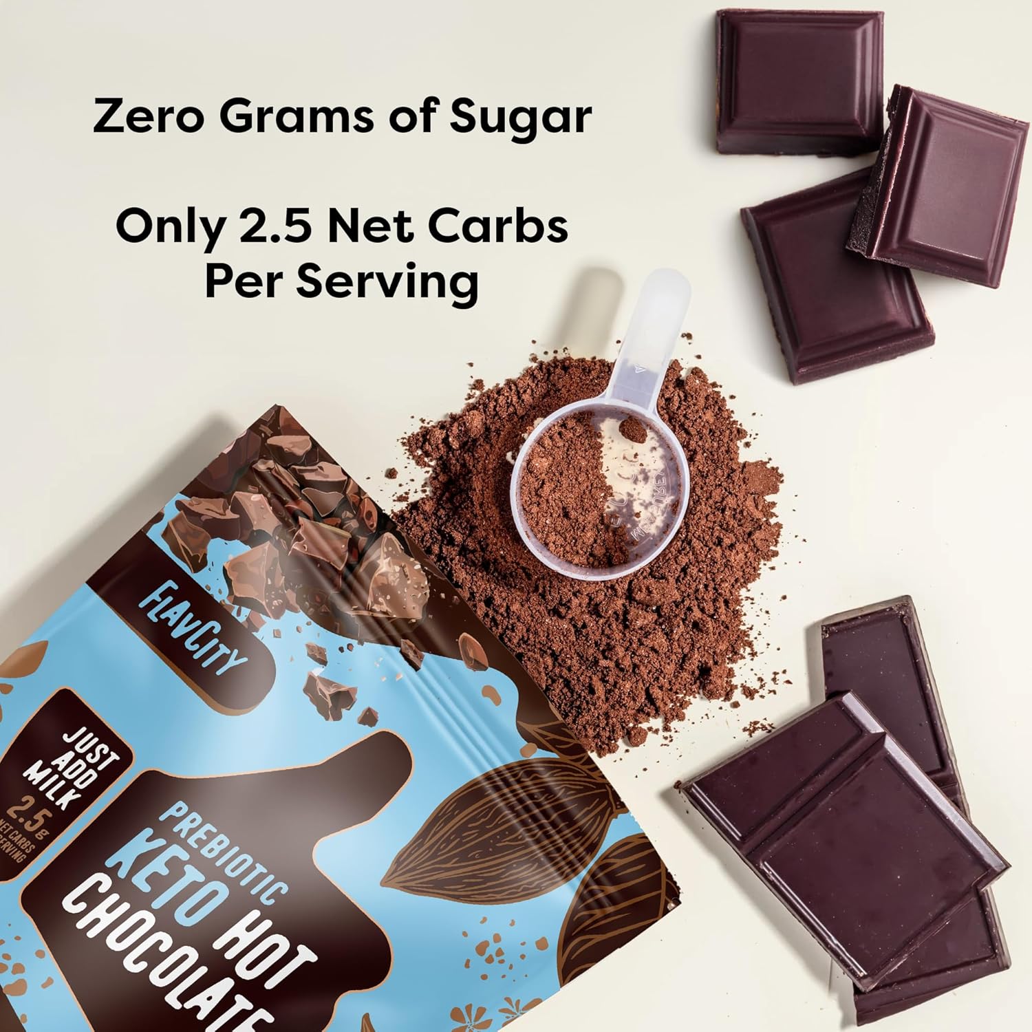 Flavcity Prebiotic Keto Hot Chocolate Mix - Vegan, Sugar & Dairy-Free Hot Chocolate - High Fiber, Low-Carb - 45 Calories Per Serving - With Organic Cocoa & Coconut Milk Powder (20 Servings) : Grocery & Gourmet Food