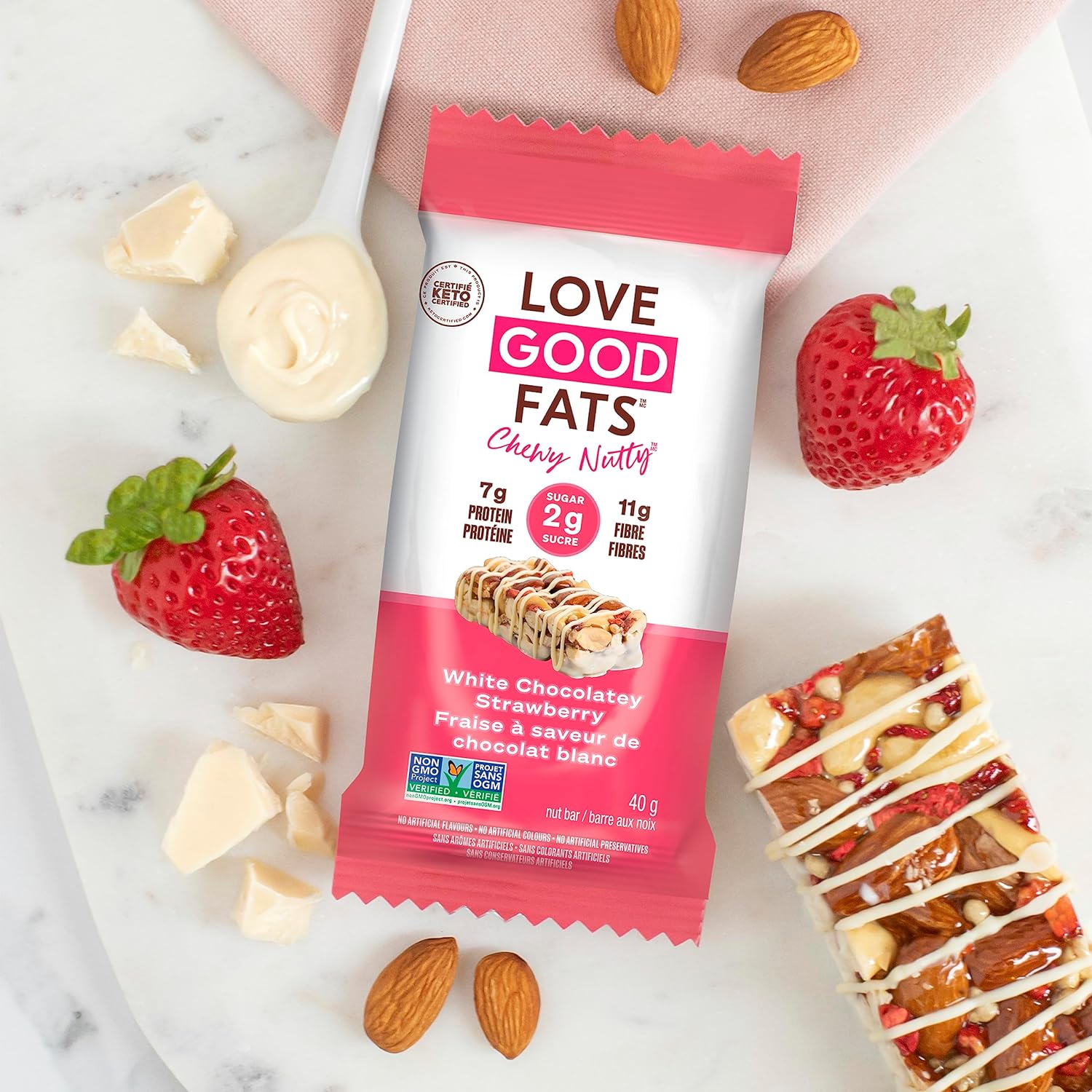 Love Good Fats Chewy Nutty White Chocolatey Strawberry Keto Bars - Low Carb Protein Snacks - 12 pack (1.59oz / 45g each bar) : Health & Household