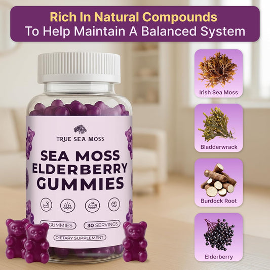 Sea Moss Gummies With Elderberry, Burdock Root And Bladderwrack For Kids And Adults 60Pcs