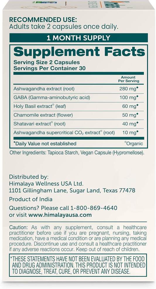 Himalaya Ashwagandha+, With Gaba, Holy Basil & Chamomile For Reset, Relaxation & Stress Relief, Vegan, Gluten Free, 540 Mg, 60 Vegetarian Capsules, 1 Month Supply