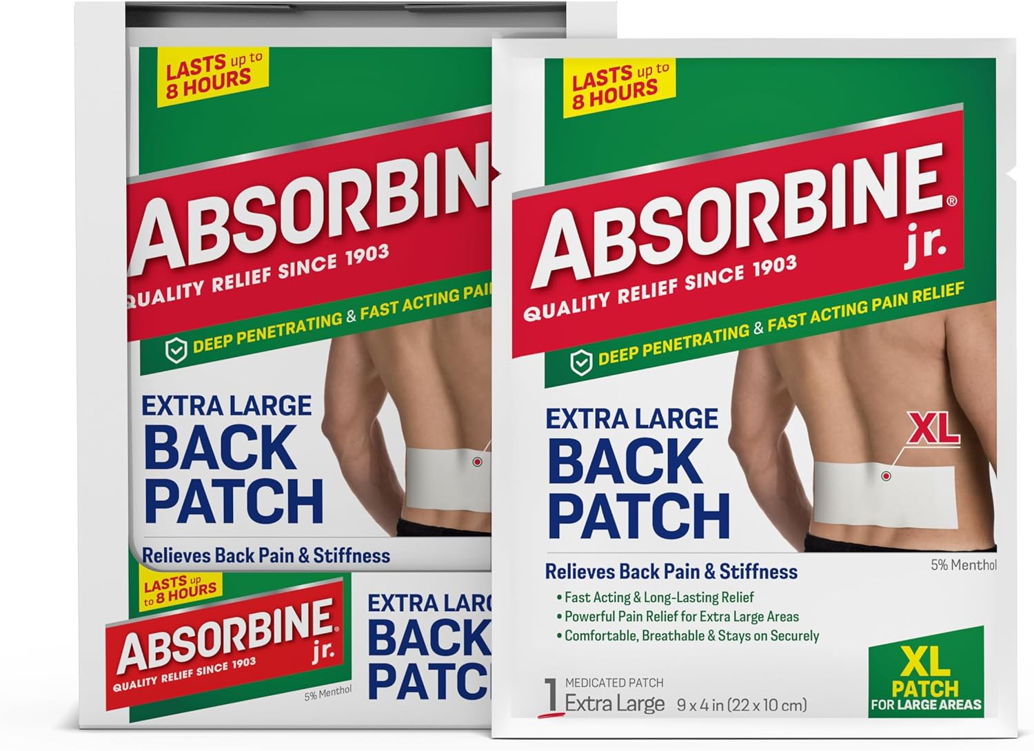 Absorbine Jr. Pain Relief Patches, Extra Large Back Pain Patch with Menthol for Lower Back Muscle Aches and Cramps, 18 Count, White