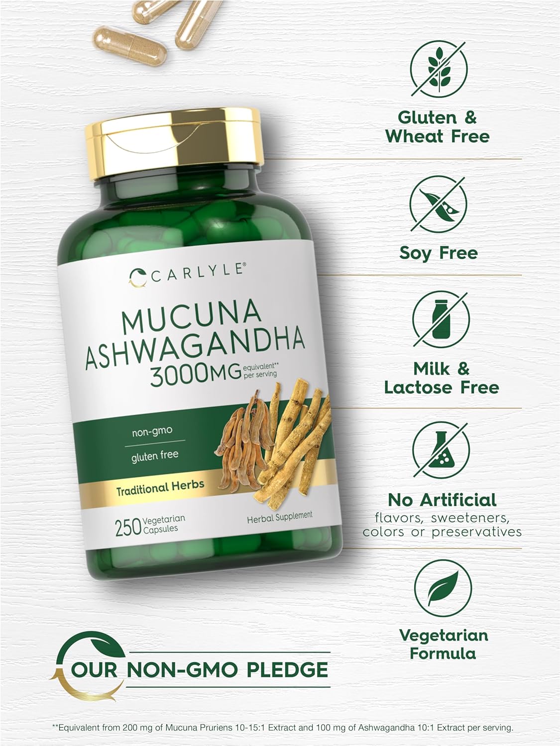 Carlyle Mucuna with Ashwagandha | 3000mg | 250 Capsules | Mucuna Pruriens Supplement | Vegetarian, Non-GMO, Gluten Free : Health & Household