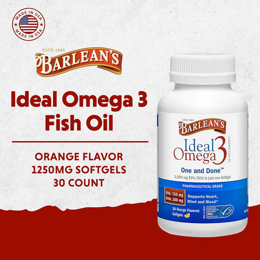 Barlean'S Ideal Omega 3 Fish Oil Supplement, 1,000 Mg Softgels, Pharmaceutical Grade Epa & Dha For Brain, Joint, & Heart Health, Orange Flavor, 60 Ct