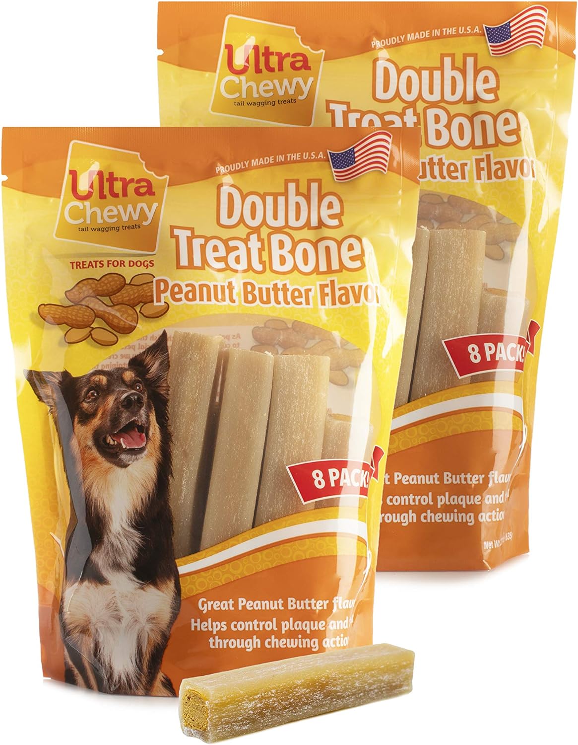 Ultra Chewy Double Treat Bones: Long-Lasting Dog Treats Made in USA for Large and Small Breeds, Highly Digestible, Ideal for Aggressive Chewers (Peanut Butter, 2 Value Packs)