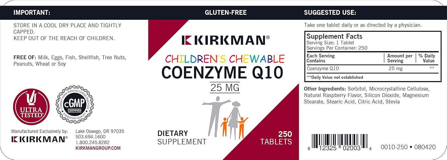 Kirkman Coenzyme Q10 25 mg Children's Chewable Tablets | 250 Tablets | CoQ10 | Free of Common allergens | Gluten Free | Casein Free | Supports Immune System : Health & Household